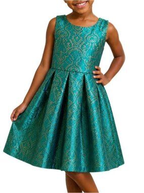 Place Little Girls Size 5 Dress Teal Sleeveless Gold Brocade Bow Back Party Chic